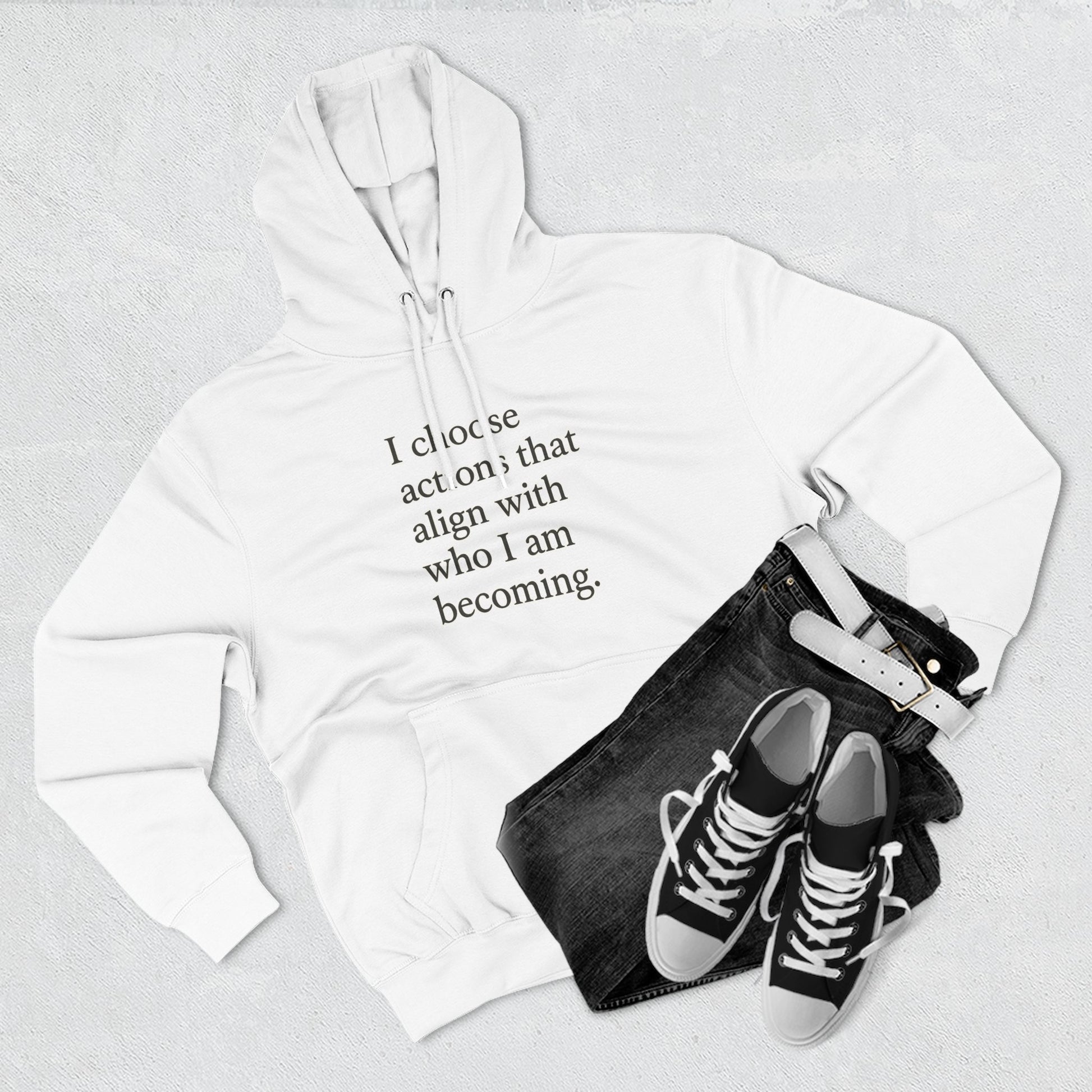 Hoodie — "I choose actions that align with who I am becoming." Inspirational Fleece Hoodie - HealthandlifestylewChiny